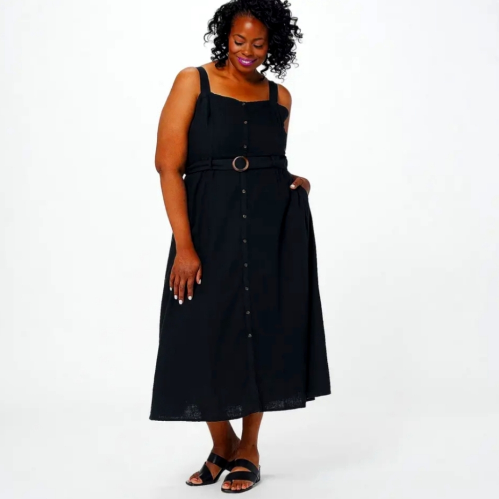 All Worthy Hunter McGrady Black Petite Belted Woven Dress 36W 4X 5X 6X LOOK